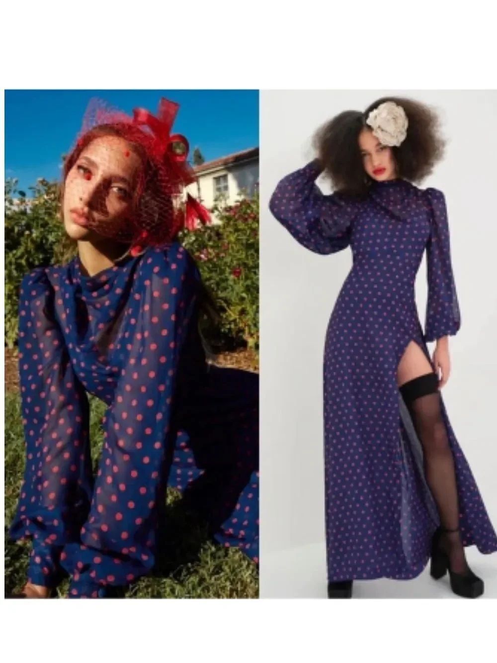 NWT For Love And Lemons Mavis Maxi Dress Large Navy/Red Polka Dots